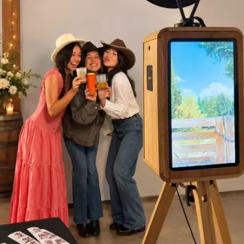 Commercial Wooden Photo Booth Selfie Station for Weddings Events with 18.5 Inch Touchscreen and Printer Stand
