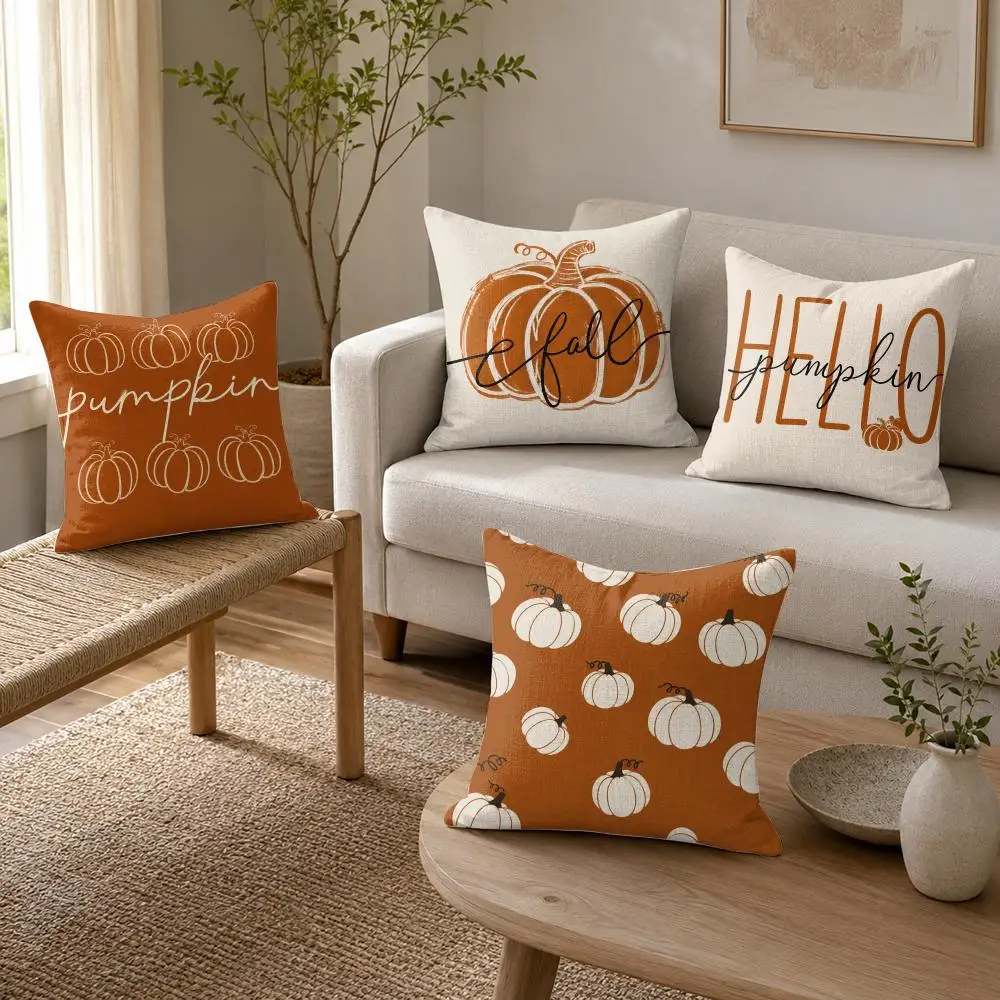 Rustic Pumpkin Lettering Cushion Cover Organic Linen Throw Pillow Cover - Double-Sided Print Breathable Cushion Case Home Decor