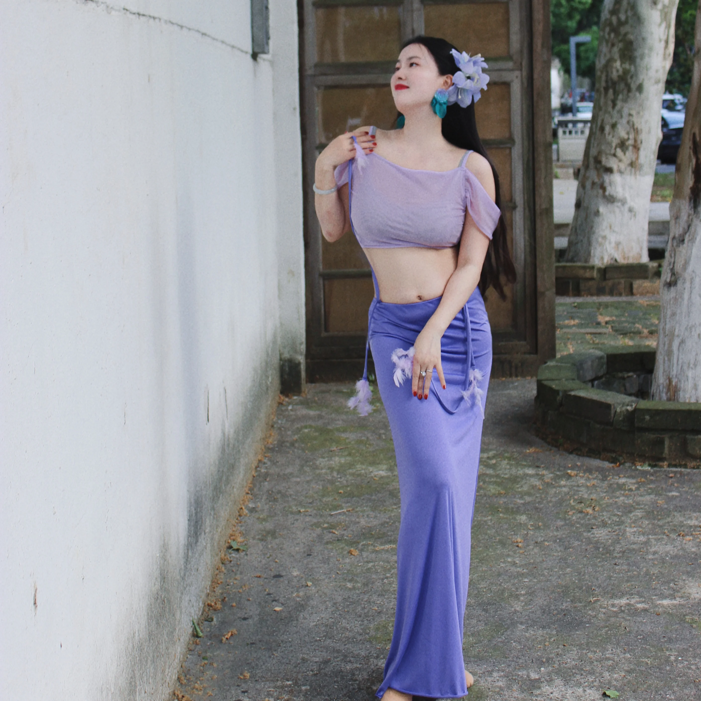 

New Belly Dance Performance Costume Suit for Women's Sexy Temperament Practice Clothing Purple Slimming Beginner Training Set