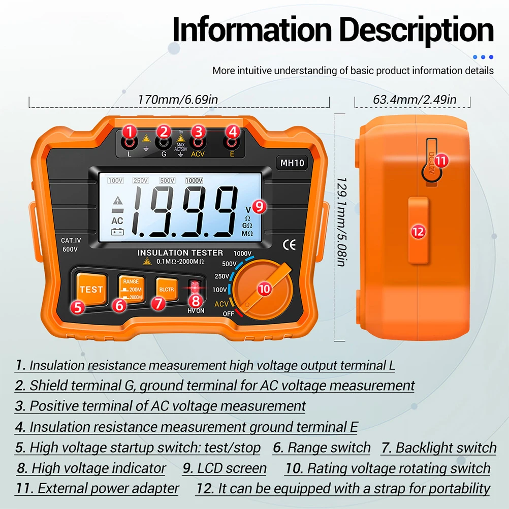 1Set Digital Megohmmeter Insulation Tester LCD Backlight Resistance Meter Smooth Plug Jacks for Electrical Equipment Test