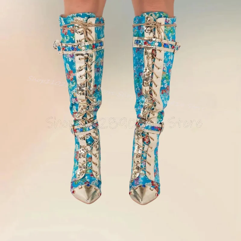 

Floral Embroidery Gold Buckle Pointed Toe Boots Side Zipper Women Shoes Thin High Heels Fashion Party 2025 Zapatos Para Mujere