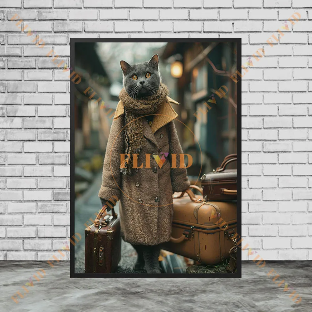 Whimsical Pair Of Travel Cats Canvas Wall Art,Cute Fluffy Cat In Winter Coat With Old Luggage At Train Station Art Poster Print