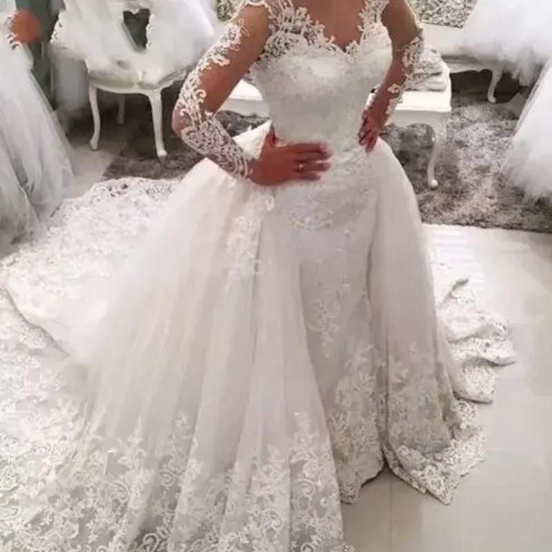 Abito da sposa a sirena in pizzo da sposa dell'Arabia Saudita Dubai Nuovo personalizzato con gonna staccabile Manica lunga senza schienale Vestido de noiva