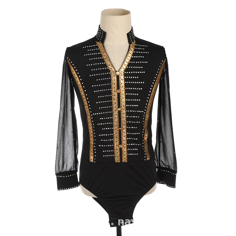 

Customized Figure Skating Dress Men's Latin Performance Competition Jumpsuit Grade 22 Color Nylon Black Splicing Gold Gymnastics