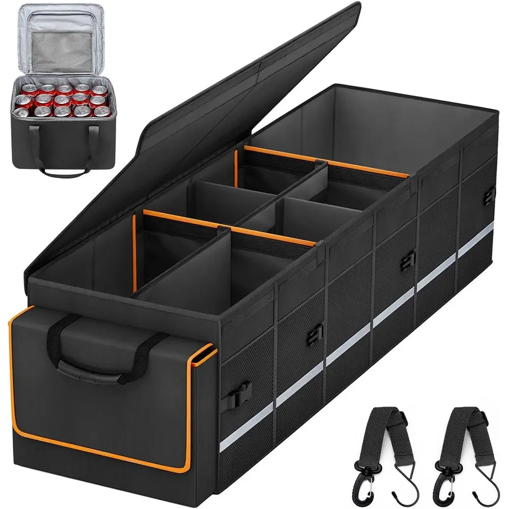 

Car Trunk Organizer and Storage with Lid, Removable Leakproof Cooler Bag, 6 Removable Dividers or Custom Space, Collapsible Larg