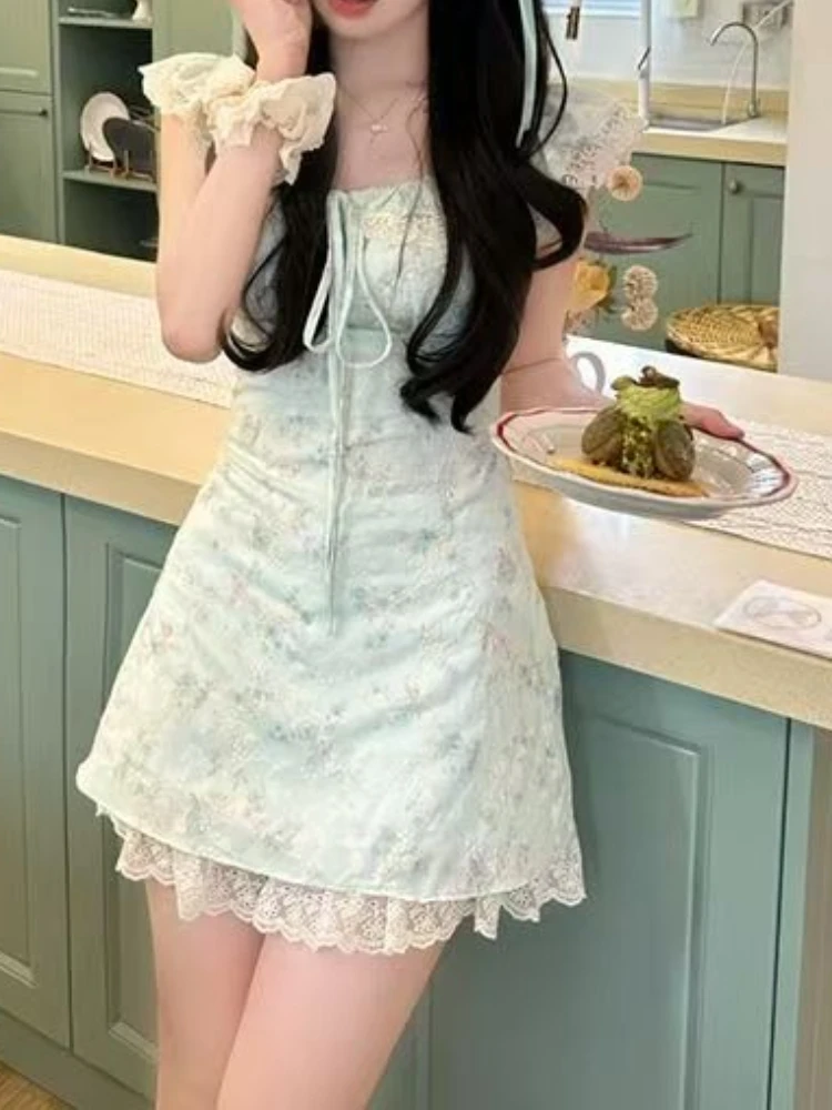 Fashion Elegant Warm Sling Print Dress Vintage Sweet Lace Up Sleeveless Green A-line Dresses Summer Chic Slim Thin New Outfits