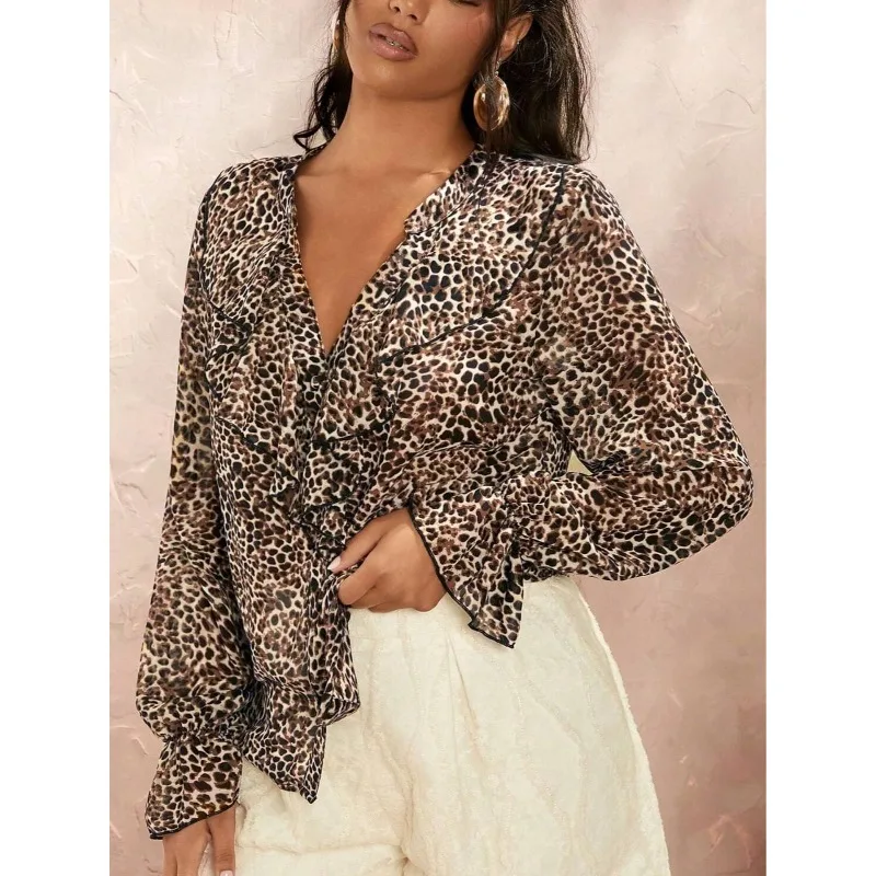 

Plus Size Casual Fashion V-Neck Printed Button Leopard Shirt Women's Clothing Office Lady Blouse