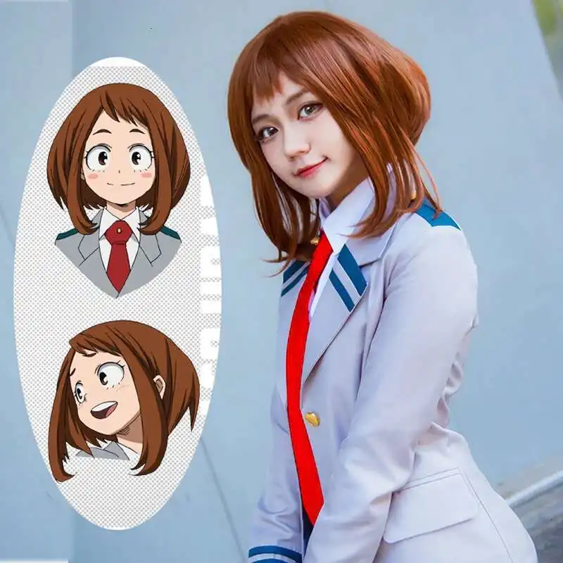 

Anime My Hero Academia Ochako Uraraka Short Brown Synthetic Pear Hair Cosplay Anime Wig + Wig Cap