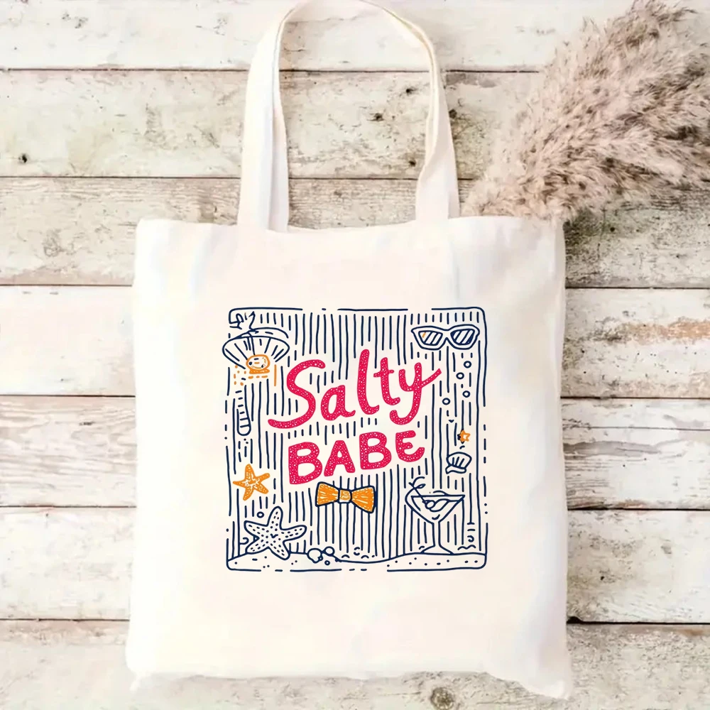 Cute Salty Babe Canvas Tote Bag Funny Ocean Slogan Shell Starfish Print Summer Beach Vacation Reusable Shoulder Handbag