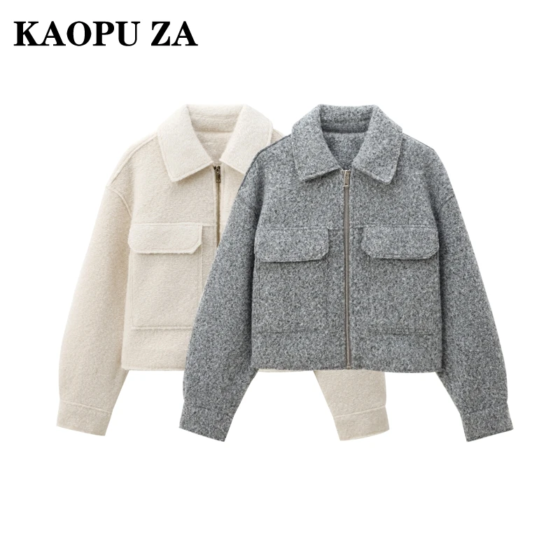 KAOPU ZA 2024 New Autumn Woman's Casual Turn-down Collar Long Sleeve Coat Jacket Female Vintage Pockets Solid Color zipper Top