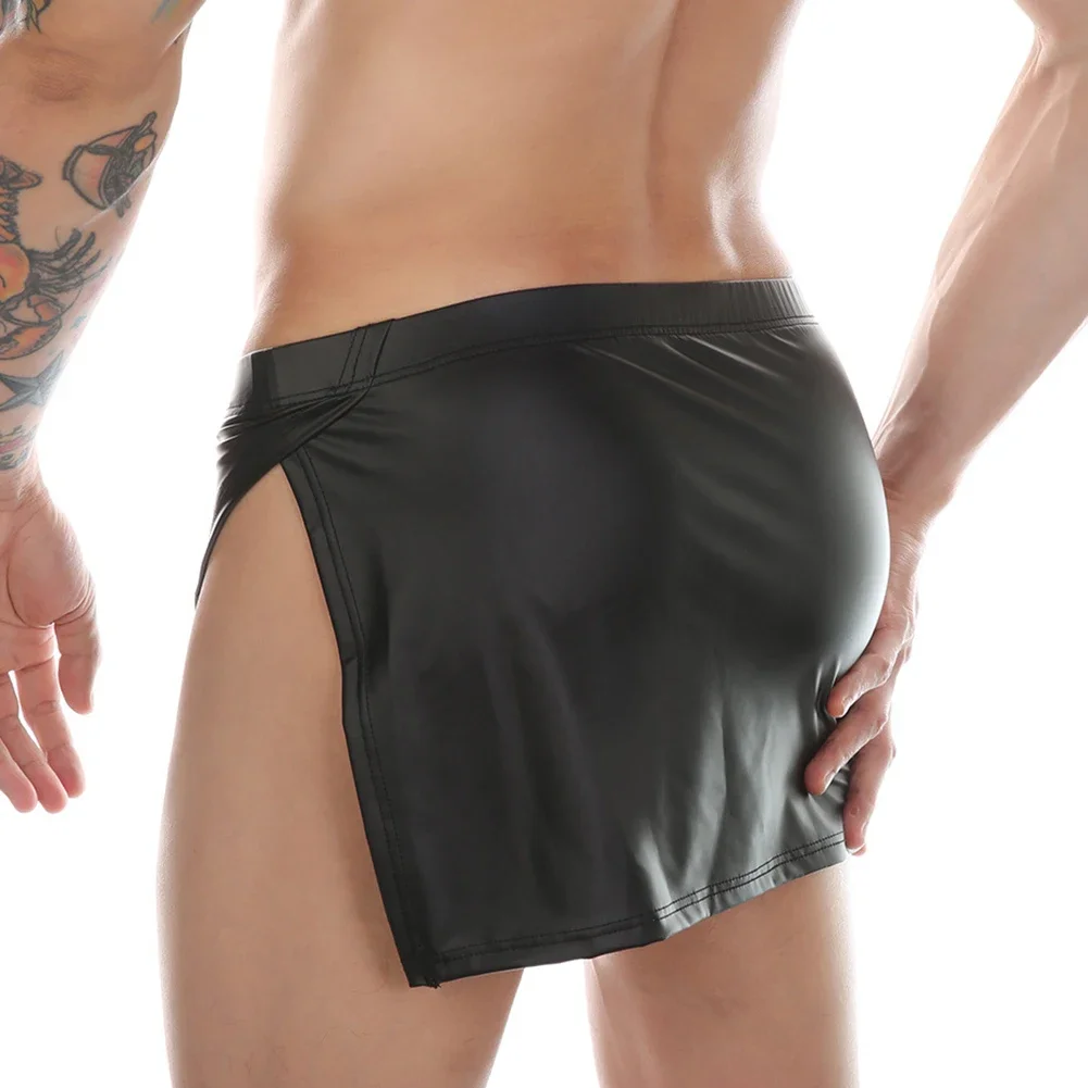 

1pc Men's Imitation Leather Stretch Skirt Sexy Side Slit Boxers Shorts Panties Lingerie Low Waist Male Underpants