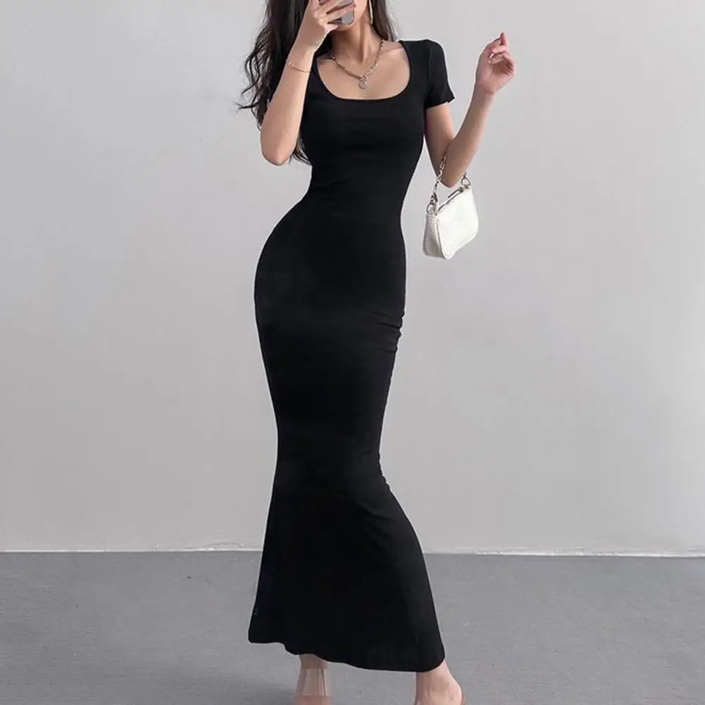 

Polyester Hip-hugging Dress Elegant Square Neck Maxi Dress with Fishtail Hem for Women Slim Fit Solid Color Sheath for Daily