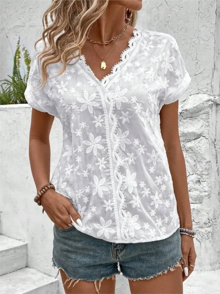 Blusa blanca de encaje Para Mujer, Camisa lisa de manga corta con cuello en V, elegante, 2024