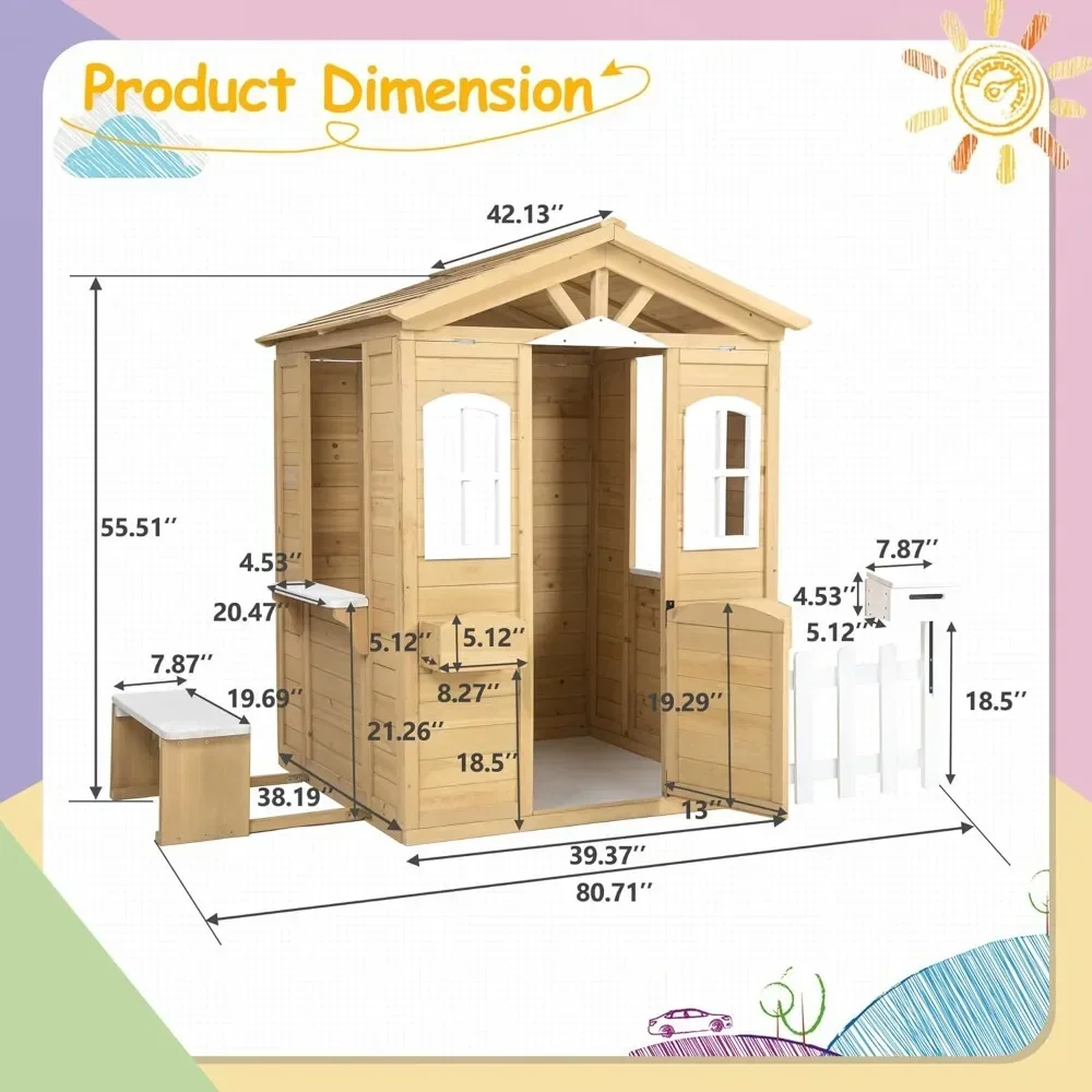 Playhouses, Outdoor Playhouse for Age 3-6 Years Boys Girls,Wood Cottage Playhouse w/Mailbox Bench Door Windows Flowerpot Holders