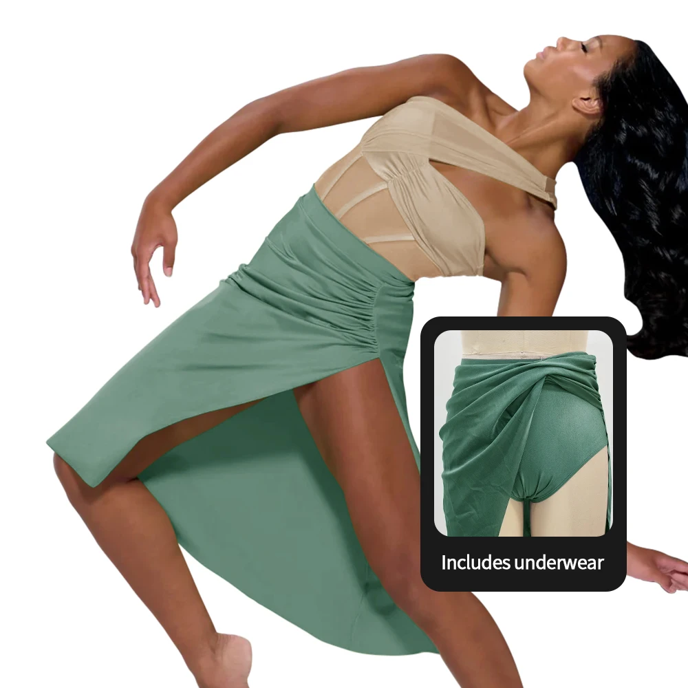 女性のための非対称ダンススカート伸縮性のあるウエスト折り畳まれたモダンなバレエドレスジャズスタイル