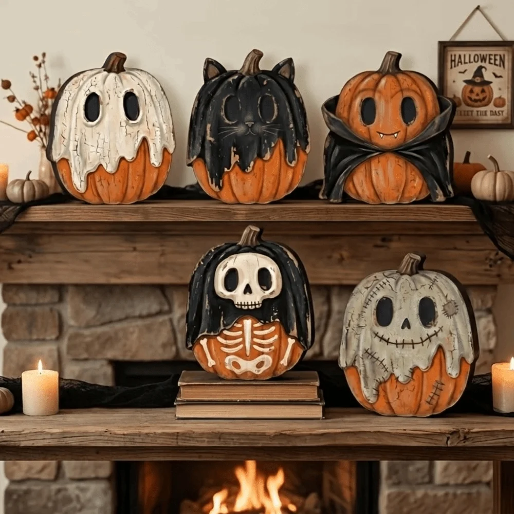 Cartoon Pumpkin Wooden Ornaments Pastoral Ghost Halloween Pumpkin Figurine Stable Base Display Decor Pumpkin Table Ornament