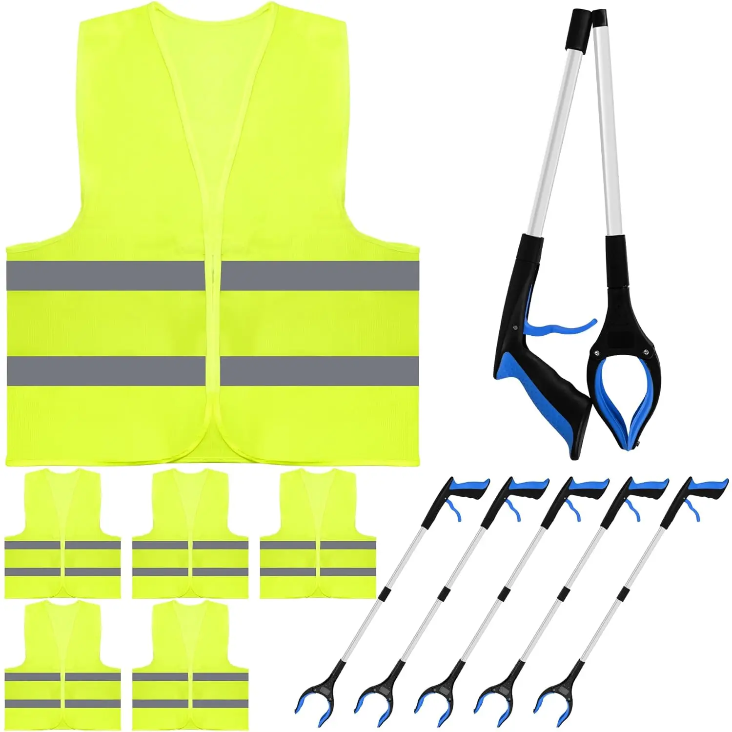 

6-Pack Yellow Reflective Safety Vests with 32-Inch Reacher Tool for Construction and Cleaning Teams