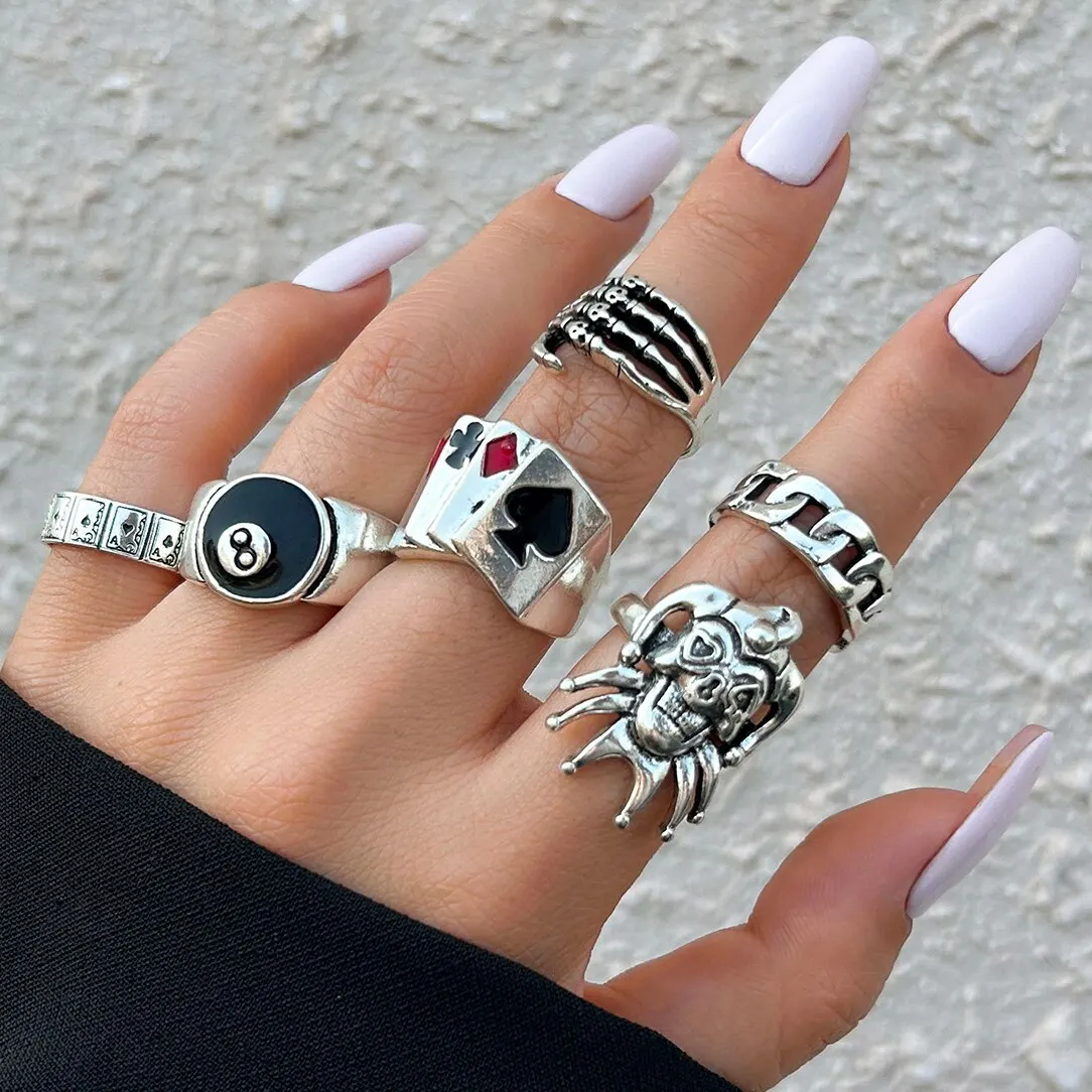 Hip Hop Vintage Totenkopf Geisterklaue Poker Clown Ring Set für Frauen Hohl Geometrisch Größe 8, Schmuck Steampunk Männer