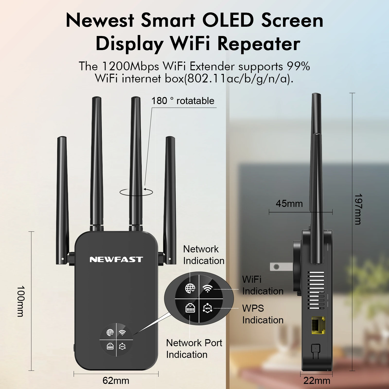 1200M WiFi Repeater ยาวสมาร์ท OLED 5 Ghz Wireless Wifi Extender เครื่องขยายสัญญาณ Wi-Fi สัญญาณ Wifi Booster เสาอากาศ Wifi Repeator