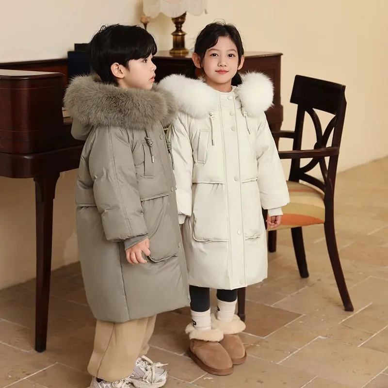 Boys Girls Thick White Duck Down Jacket Kids Winter New Big Fur Collar Warm Coat Children Clothing