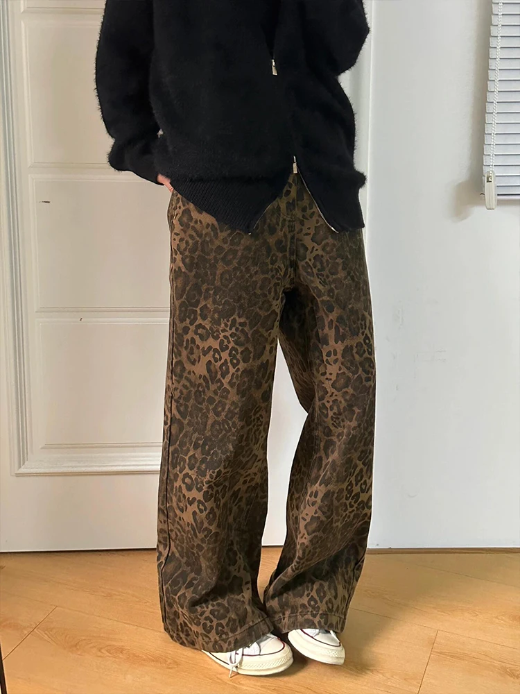 

American Retro Leopard Print Men's Jeans Spring Autumn High Street Straight Leg Loose Wide Leg Pants Casual Trendy Brand