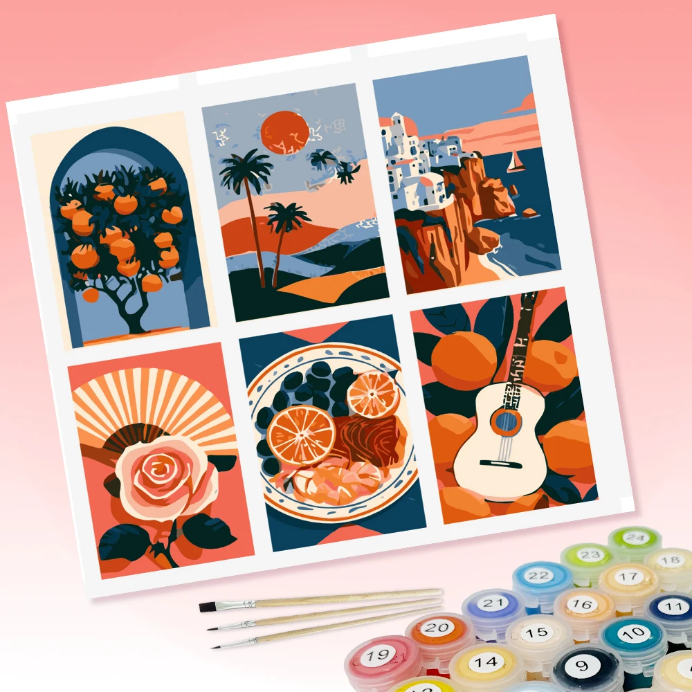 6 pieces of DIY coloring paintings featuring White Cliff Houses With Sailing Boat On Sea suitable for home wall decoration.