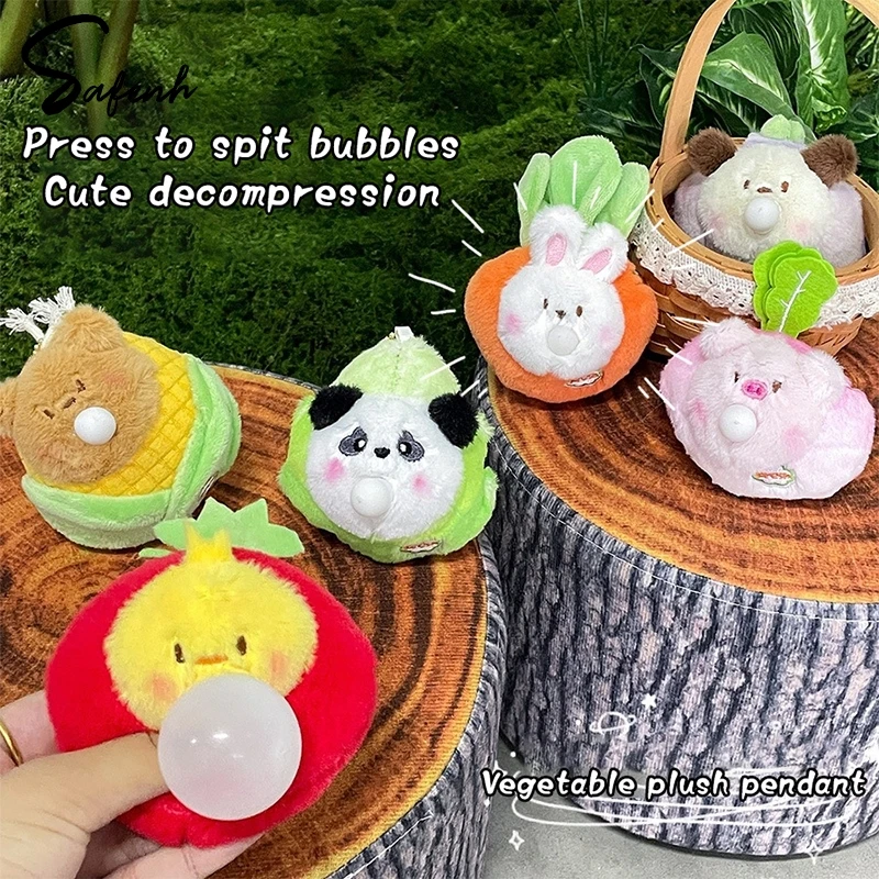 Cartoon Spit Bubble Doll Keychain Bag Pendant Decoration Creative Cute Plush Vegetable Animals Keyring Accessories Gifts