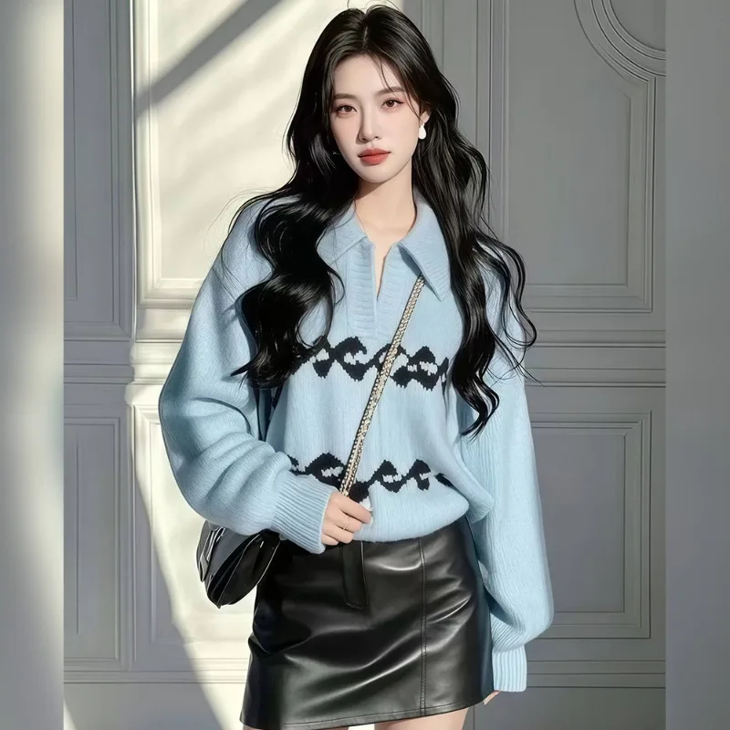 

Вязаный женский свитер, корейская зимняя одежда, модные свободные осенние джемперы для отдыха, жаккардовый женский пуловер с длинными рукавами