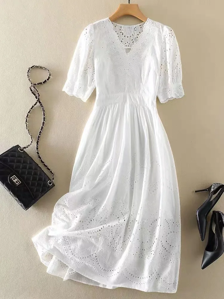 

Bohemian Beach Dress 2023 Summer Style Ladies V-Neck Exquisite Embroidery Short Sleeve Mid-Calf Length A-Line Casual White Dress