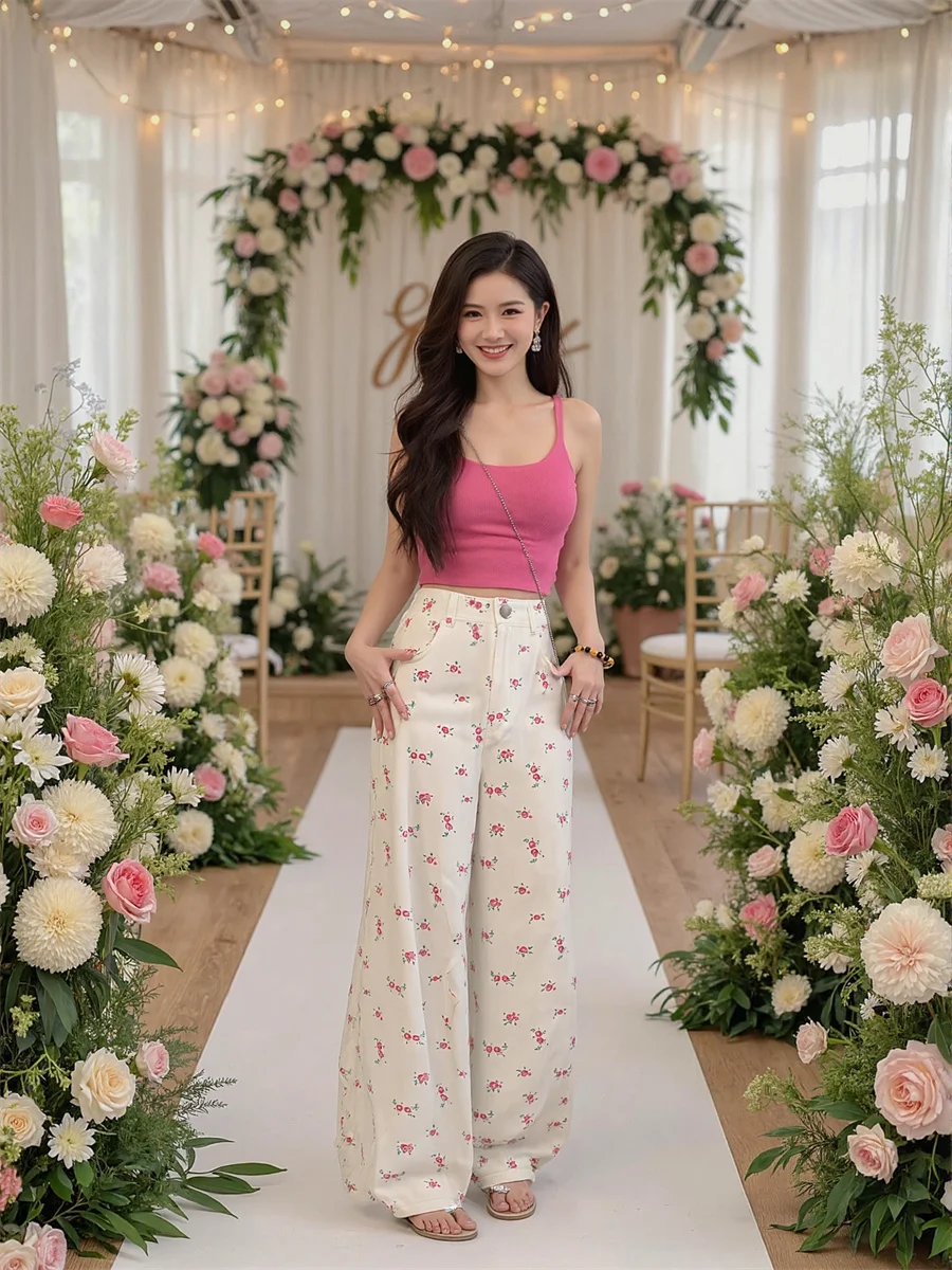 달콤한 꽃무늬 하이웨이스트 청바지 여성용 데님 팬츠 여름 나일론 테이퍼드 E-걸 비치웨어 휴가 리조트 BF