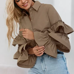 Fashion Temperament Single Breasted Slim Tops 2024 New Ruffle Design Solid Color Shirt Office Ladies Lapel Flared Sleeve Blouses