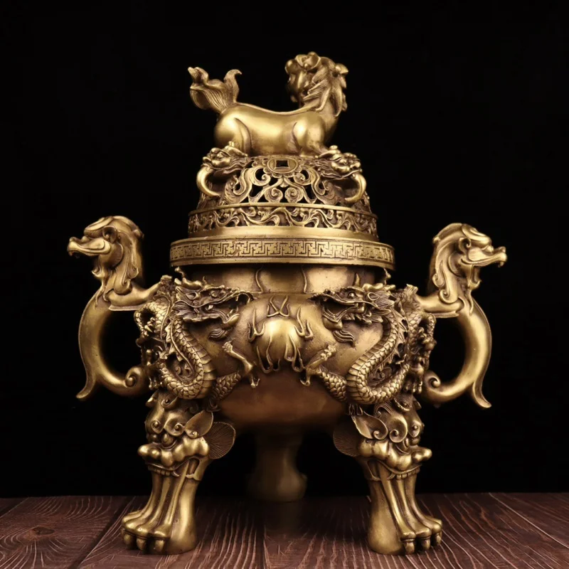 

Guyunzhai Brass Dog Stove Decoration Double Dragon Ear Copper Three Feet Kowloon Sandalwood Incense Burner Home I