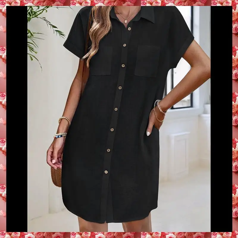 Vestido camisero de cintura suelta de manga corta informal con botones y cuello en V de algodón y lino de verano para mujer