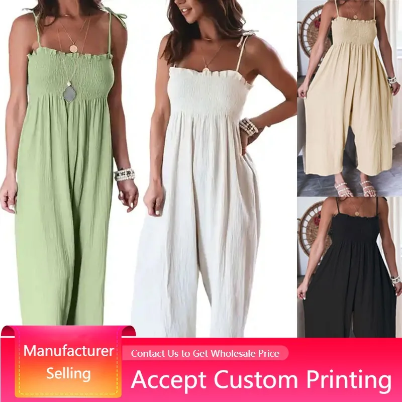 

Women Jumpsuit Casual Off Shoulder Spaghetti Strap Sleeveless Wide Leg Jumpsuits High Waist Pull Pleated One Piece Jumpsuits