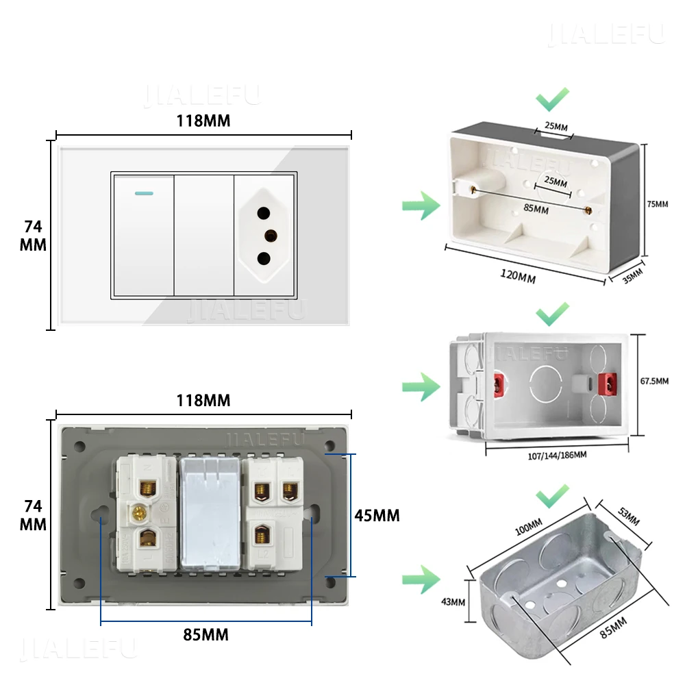 4*2 Tempered Glass 20a Black Wall Outlet，white Mirror Parallel on/off Switch and Socket Brazil Standard