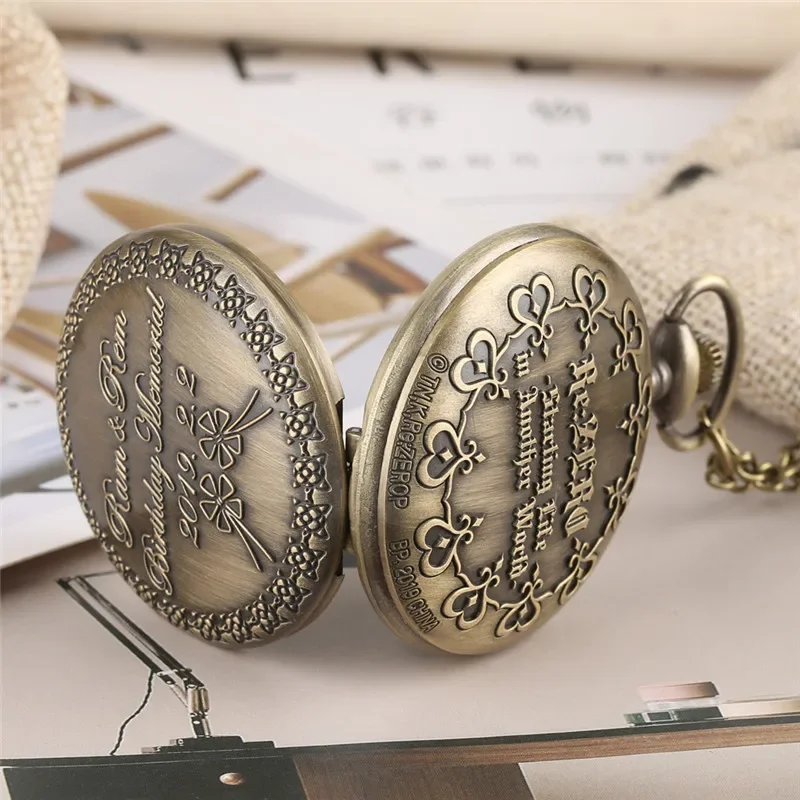 Vintage Re:zero Anime Theme Quartz Pocket Watch for Men Women Delicate Heart Flower Pattern Necklace Sweater Chain Timepiece