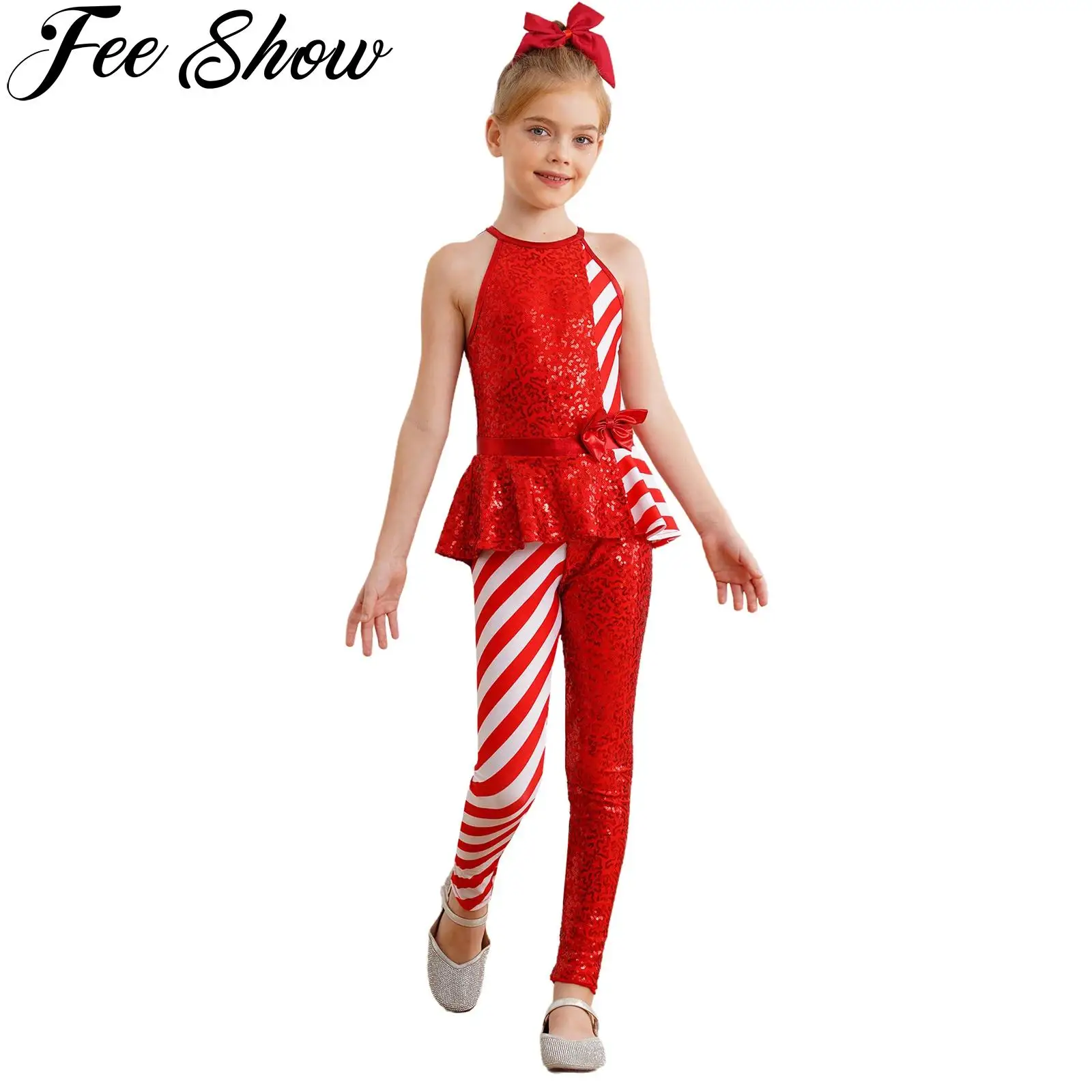 

Girls Christmas Candy Cane Costume New Year Party Sleeveless Stripes Sequins Jumpsuit Ballet Dance Skating Gymnastics Leotards