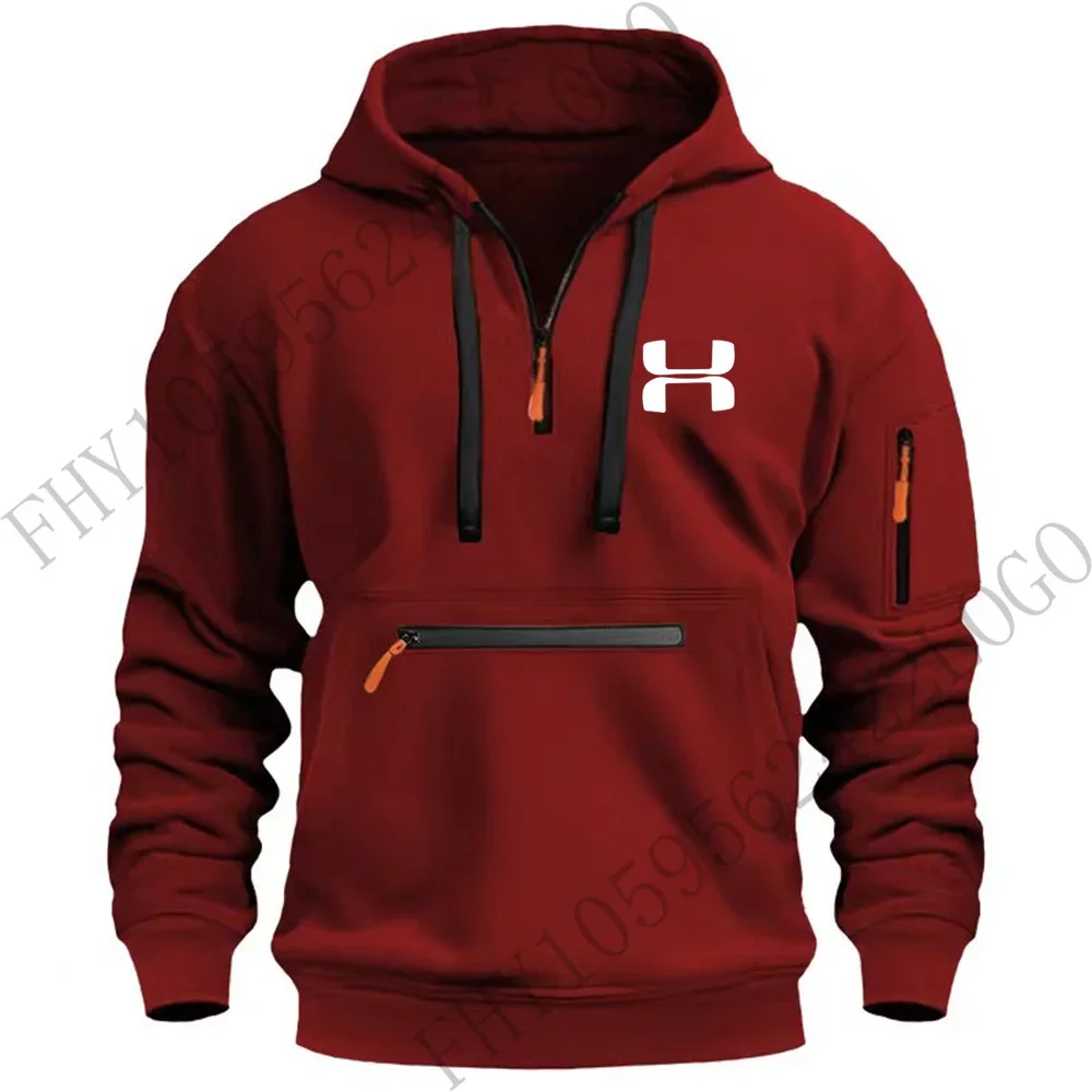 

2026 Spring/Summer New Men's Running Fitness Sports Jacket, Hooded Sweater with Attached Hood, Half-Zip Sweatshirt