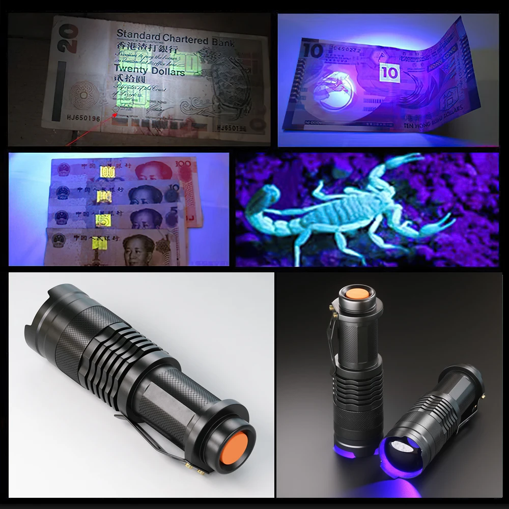 ZK30 UV-LED-Taschenlampe, Mini-LED-Taschenlampe, 395 nm, Schwarzlicht, Wellenlänge, violettes Licht, zoombar, Haustier-Urin, Skorpion, femininer Detektor