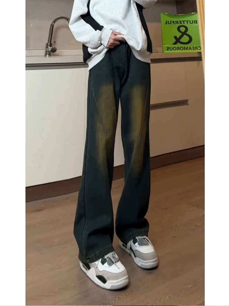 

Retro American Blue Denim Jeans Men's Spring Autumn Waed Straight Leggings Micro Flared Pants Trendy Cotton Polyester Blend