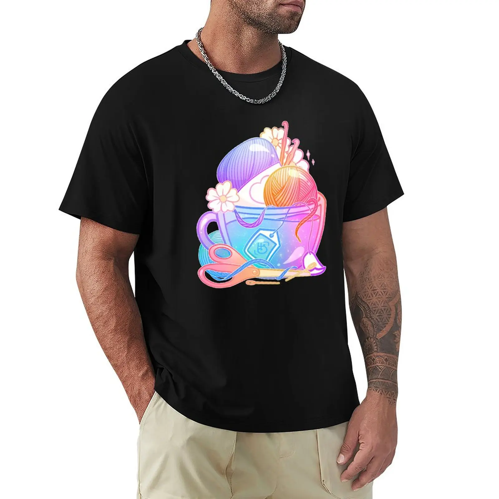 Kawaii Pastel Yarn Art Teacup - Crochet T-Shirt cotton t shirt man T-Shirt
