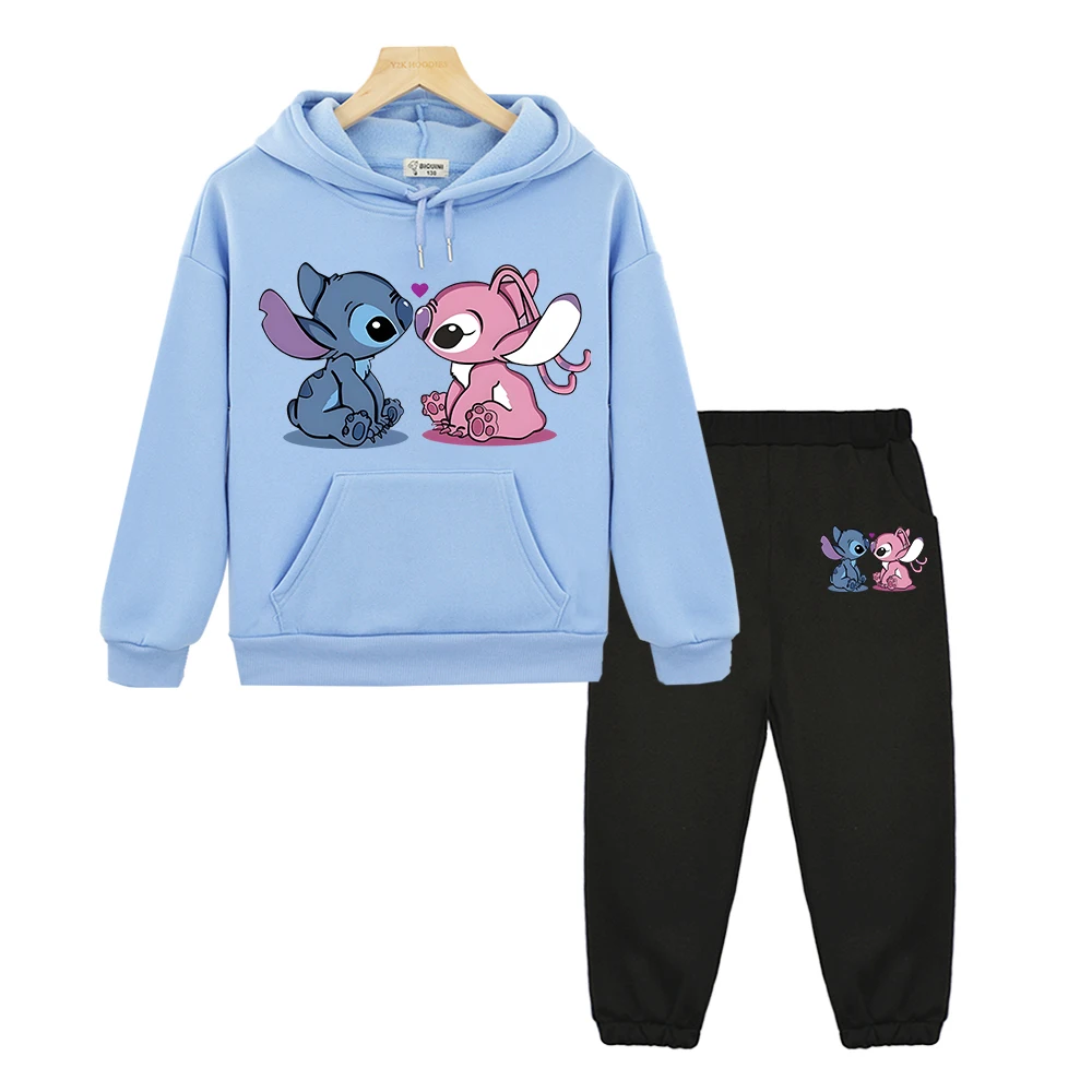 

boy girl Hooded Sets Stitch Disney Fleece sweatshirt 2pcs pullover+pants disney Anime hoodie Casual Jacket kids boutique clothes