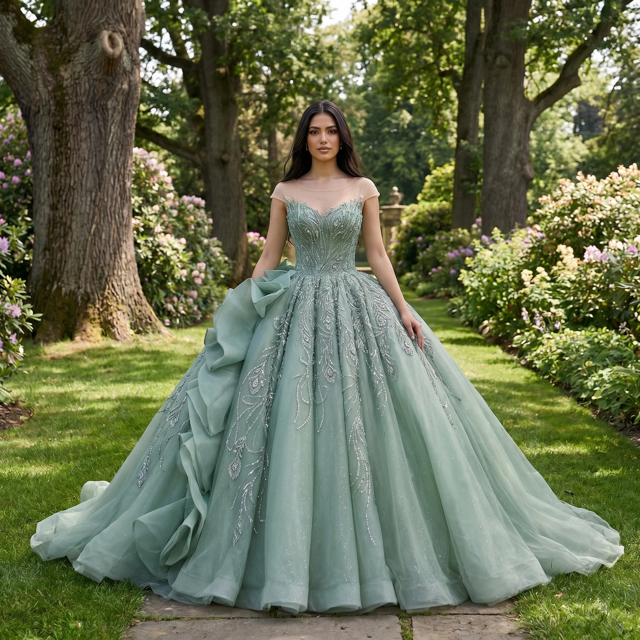 Customized Shiny Green Quinceanera Dresses Organza Lace Up Back Sequins Court Train Layering Vestido De 15 Quinceanera