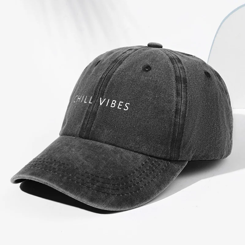 Unisex CHILL VIBES Letter Print Washed Vintage Baseball Cap, Fashionable Outdoor Hat for Men and Women, Adjustable Fit Trucker H