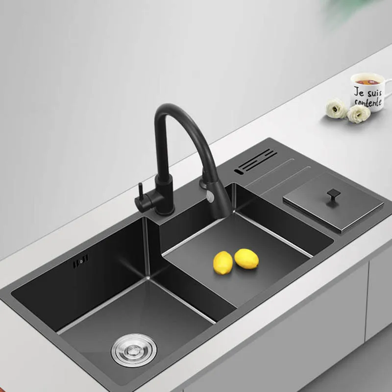 304 stainless steel handmade multi-function sink single-slot dishwashing basin with trash can