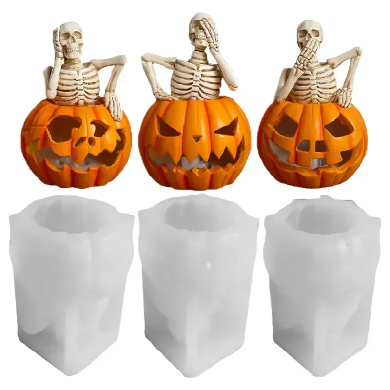 1PC Halloween Skeleton Pumpkin Silicone Mold, Ghost Pumpkin Candle Soap Gypsum Candy Making Mould for Halloween Decoration