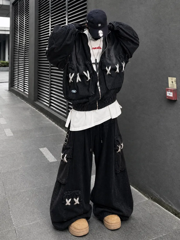 2026 New Unisex Streetwear Denim Jacket Japanese Retro Loose Fit Multi Pocket Baseball Coat With Detachable Sleeves Outerwear
