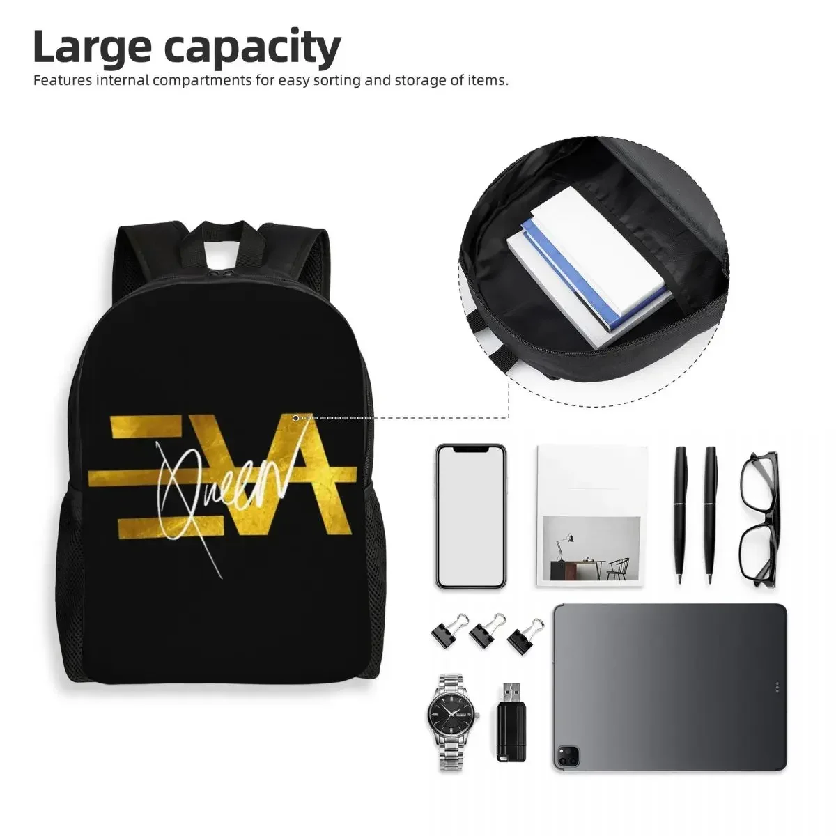 Eva Queen Logo Gold Backpack for Men Women School College Students Bookbag Fits 15 Inch Laptop Bags