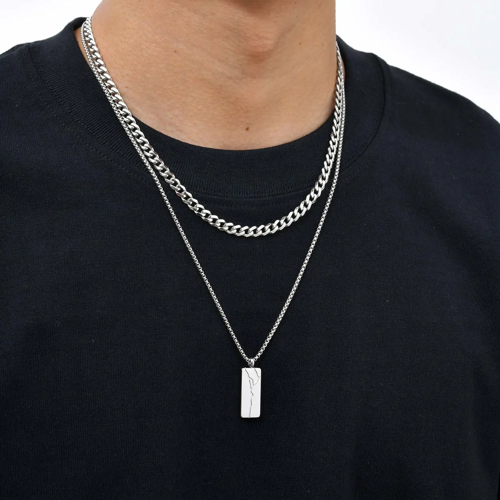 Edelstahl Punk Cracked Square Anhänger Halskette für Männer, minimalistische Hip Hop geometrische Halskette Box Kette, Modeschmuck – Detail 5