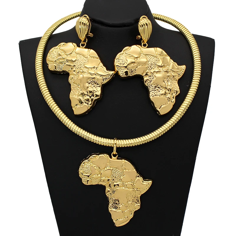 

Jewelry Set Dubai African Map Pendant 24K Gold Color Necklace And Earrings Bridal Wedding Party Anniversary Bijoux